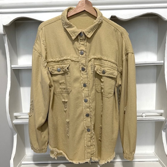 Oversized Distressed Boho Frayed Hem Button Down Shirt Jacket Shacket 2XL XXL - Picture 1 of 8